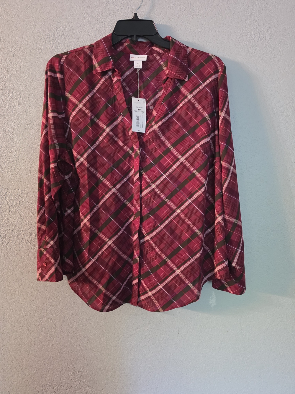 Liz Claiborne Burgundy and Pink Plaid Button-Up Blouse